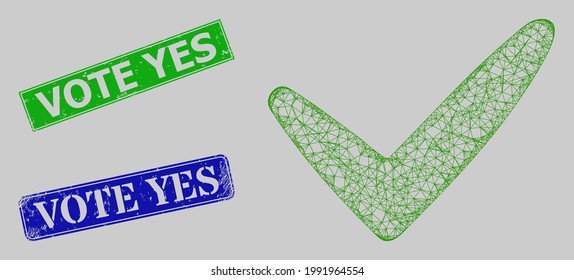 Carcass net mesh yes model, and Vote Yes blue and green rectangular corroded stamp seals. Carcass net image created from yes pictogram. Stamp seals have Vote Yes tag inside rectangle shape.
