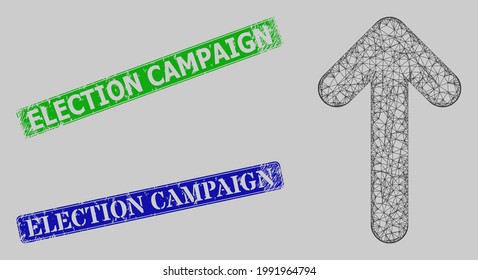 Carcass net move up model, and Election Campaign blue and green rectangle scratched stamps. Carcass net mesh image created from move up icon.