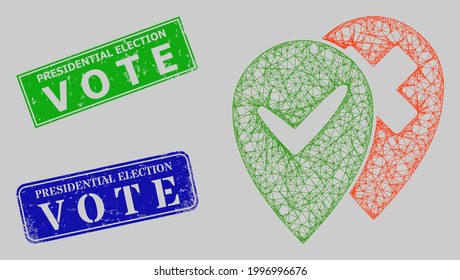 Carcass net place advices model, and Presidential Election V O T E blue and green rectangle rubber stamp seals. Carcass net symbol is created from place advices icon.