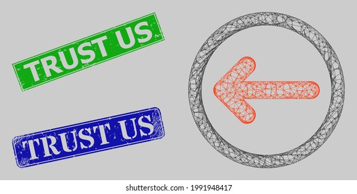 Carcass net rounded left arrow model, and Trust Us blue and green rectangular corroded stamp seals. Carcass net illustration is designed with rounded left arrow pictogram.