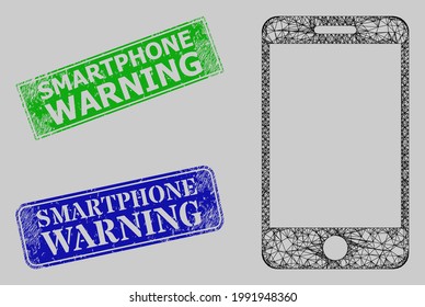 Carcass net smartphone model, and Smartphone Warning blue and green rectangle dirty stamps. Carcass net mesh illustration created from smartphone pictogram.