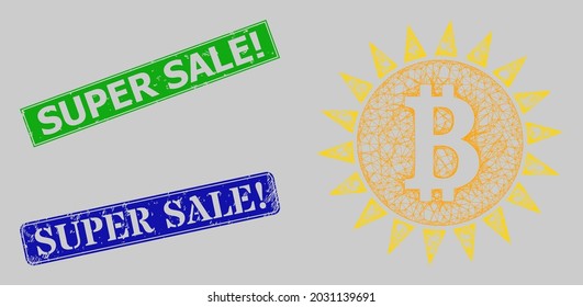 Carcass network bitcoin shine model, and Super Sale Exclamation. blue and green rectangle dirty stamp seals. Carcass network image is based on bitcoin shine pictogram.