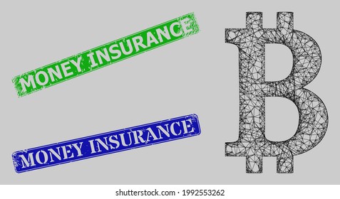 Modelo de símbolo de bitcoin de la red de canales y impresiones de sello impuro en rectángulo verde y azul de Money Insurance. El símbolo de red de canales se basa en el icono de símbolo de bitcoin.