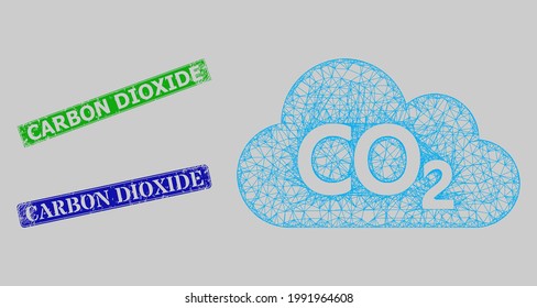 Carcass network carbon dioxide cloud model, and Carbon Dioxide blue and green rectangle scratched stamp seals. Carcass network illustration based on carbon dioxide cloud pictogram.
