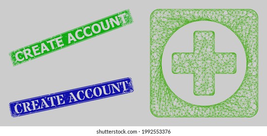 Carcass network create model, and Create Account blue and green rectangle corroded stamp seals. Carcass net mesh illustration created from create icon.