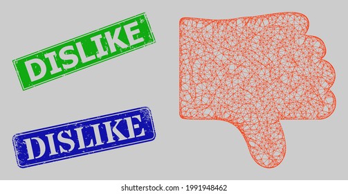 Carcass network dislike thumb model, and Dislike blue and green rectangular corroded seal imitations. Frame network symbol is created from dislike thumb pictogram.