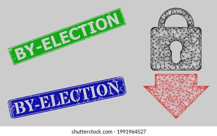 Carcass network lock down model, and By-Election blue and green rectangle corroded stamp seals. Frame net mesh image designed with lock down icon.