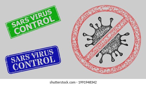 Carcass network no coronavirus model, and Sars Virus Control blue and green rectangle rubber stamp seals. Frame network symbol created from no coronavirus icon.