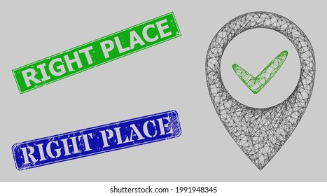 Carcass network right place model, and Right Place blue and green rectangle scratched seals. Carcass net mesh symbol designed with right place pictogram.