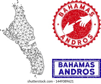 Carcass polygonal Andros Island of Bahamas map and grunge seal stamps. Abstract lines and small circles form Andros Island of Bahamas map vector model. Round red stamp with connecting hands.