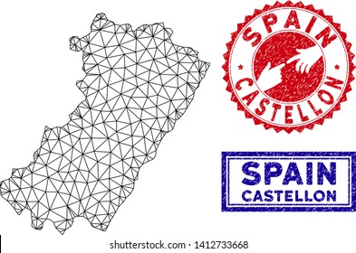 Carcass polygonal Castellon Province map and grunge seal stamps. Abstract lines and circle dots form Castellon Province map vector model. Round red stamp with connecting hands.