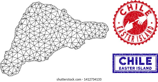 Carcass polygonal Easter Island map and grunge seal stamps. Abstract lines and circle dots form Easter Island map vector model. Round red stamp with connecting hands.