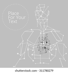 Carcass polygonal geometric lines Human with heart inside and the text place circle on gray background