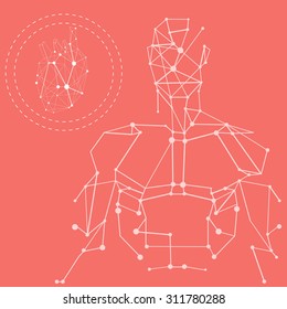 Carcass polygonal geometric lines Human with heart inside circle on color background