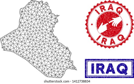 Carcass polygonal Iraq map and grunge seal stamps. Abstract lines and dots form Iraq map vector model. Round red stamp with connecting hands.