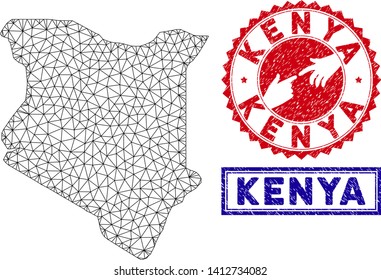 Carcass polygonal Kenya map and grunge seal stamps. Abstract lines and spheric points form Kenya map vector model. Round red stamp with connecting hands.