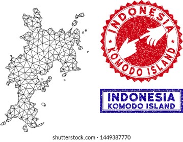 Carcass polygonal Komodo Island map and grunge seal stamps. Abstract lines and points form Komodo Island map vector model. Round red stamp with connecting hands.