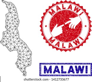 Carcass polygonal Malawi map and grunge seal stamps. Abstract lines and spheric points form Malawi map vector model. Round red stamp with connecting hands.