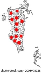 Mapa poligonal de Carcass de Bahréin bajo bloqueo. El modelo vectorial se crea a partir del mapa de Bahréin con centros de coronavirus rojo. Líneas y virus se combinan en el mapa de Bahréin.