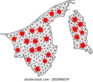 Carcass polygonal map of Brunei under infection. Vector model is created from map of Brunei with red infection nodes. Lines and viruses form map of Brunei.