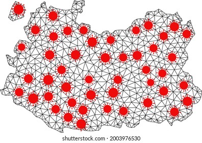 Carcass polygonal map of Ciudad Real Province under infection. Vector model is created from map of Ciudad Real Province with red virus elements. Lines and viruses form map of Ciudad Real Province.