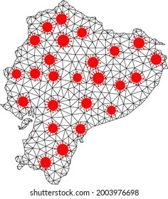 Carcass polygonal map of Ecuador under outbreak. Vector model is created from map of Ecuador with red infection items. Lines and viruses are combined into map of Ecuador.