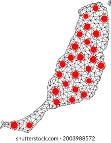 Carcass polygonal map of Fuerteventura Island under infection. Vector model is created from map of Fuerteventura Island with red coronavirus elements.