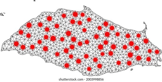 Carcass polygonal map of Isla La Tortuga under infection. Vector model is created from map of Isla La Tortuga with red infection items. Lines and viruses are combined into map of Isla La Tortuga.