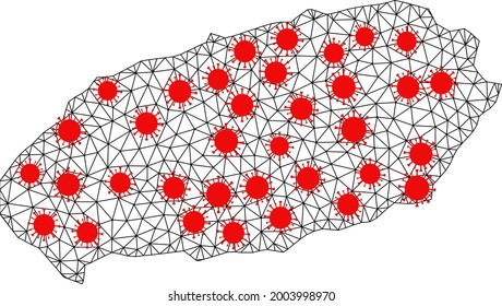 Carcass polygonal map of Jeju Island under infection. Vector structure is created from map of Jeju Island with red coronavirus items. Lines and viruses are combined into map of Jeju Island.