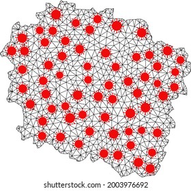 Carcass polygonal map of Kujawy-Pomerania Province under infection. Vector structure is created from map of Kujawy-Pomerania Province with red coronavirus centers.