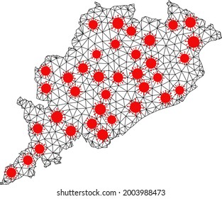 Carcass polygonal map of Odisha State under outbreak. Vector structure is created from map of Odisha State with red infection items. Lines and viruses are combined into map of Odisha State.