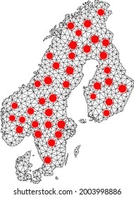 Polygonale Karte Skandinaviens unter Ausbruch. Vektormodell wird aus skandinavischen Landkarten mit roten Coronavirus-Elementen erstellt. Linien und Viren werden in Skandinavien zusammengefasst.