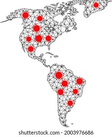 Carcass polygonal map of South and North America under infection. Vector structure is created from map of South and North America with red infection centers.