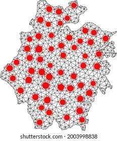 Carcass polygonal map of Zhejiang Province under outbreak. Vector structure is created from map of Zhejiang Province with red covid nodes. Lines and viruses are combined into map of Zhejiang Province.