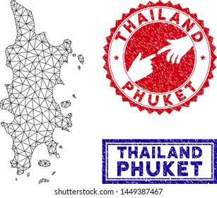 Carcass polygonal Phuket map and grunge seal stamps. Abstract lines and spheric points form Phuket map vector model. Round red stamp with connecting hands.