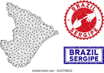 Carcass polygonal Sergipe State map and grunge seal stamps. Abstract lines and points form Sergipe State map vector model. Round red stamp with connecting hands.