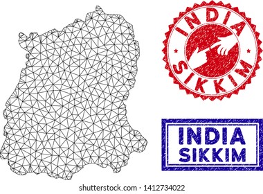 Carcass polygonal Sikkim State map and grunge seal stamps. Abstract lines and circle dots form Sikkim State map vector model. Round red stamp with connecting hands.