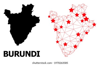 Carcass polygonal and solid map of Burundi. Vector structure is created from map of Burundi with red stars. Abstract lines and stars are combined into map of Burundi.