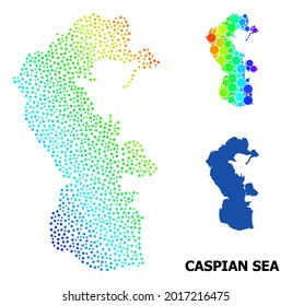 Carcass polygonal and solid map of Caspian Sea. Vector structure is created from map of Caspian Sea with red stars. Abstract lines and stars form map of Caspian Sea.