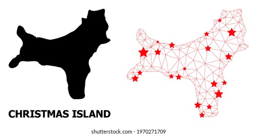 Carcass polygonal and solid map of Christmas Island. Vector model is created from map of Christmas Island with red stars. Abstract lines and stars form map of Christmas Island.