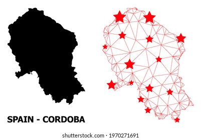 Carcass polygonal and solid map of Cordoba Spanish Province. Vector model is created from map of Cordoba Spanish Province with red stars.