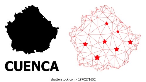 Carcass polygonal and solid map of Cuenca Province. Vector model is created from map of Cuenca Province with red stars. Abstract lines and stars form map of Cuenca Province.