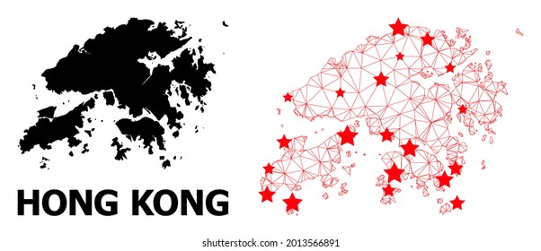 Carcass polygonal and solid map of Hong Kong. Vector model is created from map of Hong Kong with red stars. Abstract lines and stars form map of Hong Kong.