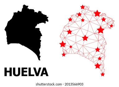 Carcass polygonal and solid map of Huelva Province. Vector model is created from map of Huelva Province with red stars. Abstract lines and stars form map of Huelva Province.