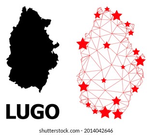 Carcass polygonal and solid map of Lugo Province. Vector structure is created from map of Lugo Province with red stars. Abstract lines and stars form map of Lugo Province.