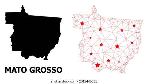 Mapa poligonal y sólido de canales del estado de Mato Grosso. El modelo vectorial se crea a partir del mapa del estado de Mato Grosso con estrellas rojas. Las líneas abstractas y las estrellas se combinan en el mapa del estado de Mato Grosso.