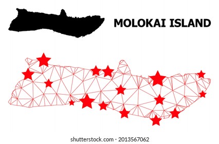 Carcass polygonal and solid map of Molokai Island. Vector structure is created from map of Molokai Island with red stars. Abstract lines and stars are combined into map of Molokai Island.