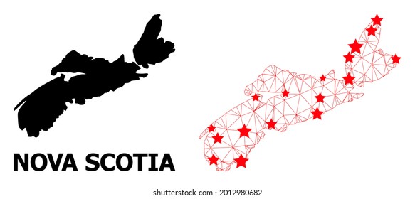 Carcass polygonal and solid map of Nova Scotia Province. Vector model is created from map of Nova Scotia Province with red stars. Abstract lines and stars form map of Nova Scotia Province.