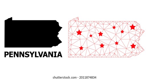 Mapa poligonal y sólido de Caracas del estado de Pensilvania. El modelo vectorial se crea a partir del mapa del estado de Pensilvania con estrellas rojas. Líneas abstractas y estrellas forman un mapa del estado de Pensilvania.