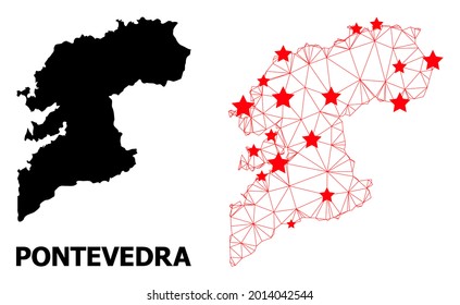 Carcass polygonal and solid map of Pontevedra Province. Vector structure is created from map of Pontevedra Province with red stars. Abstract lines and stars form map of Pontevedra Province.